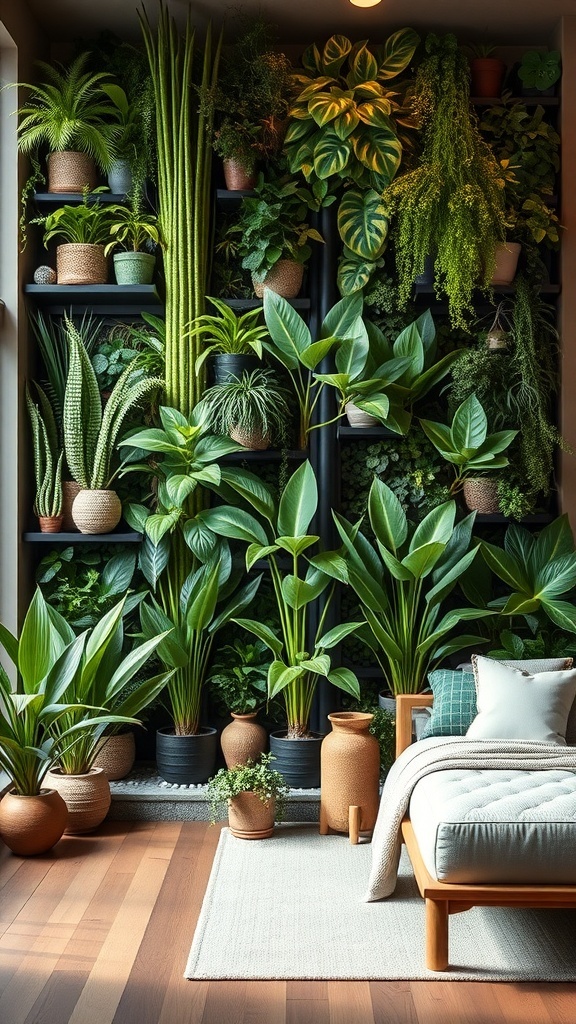 A vibrant living green wall filled with various plants, showcasing a cozy seating area in front.