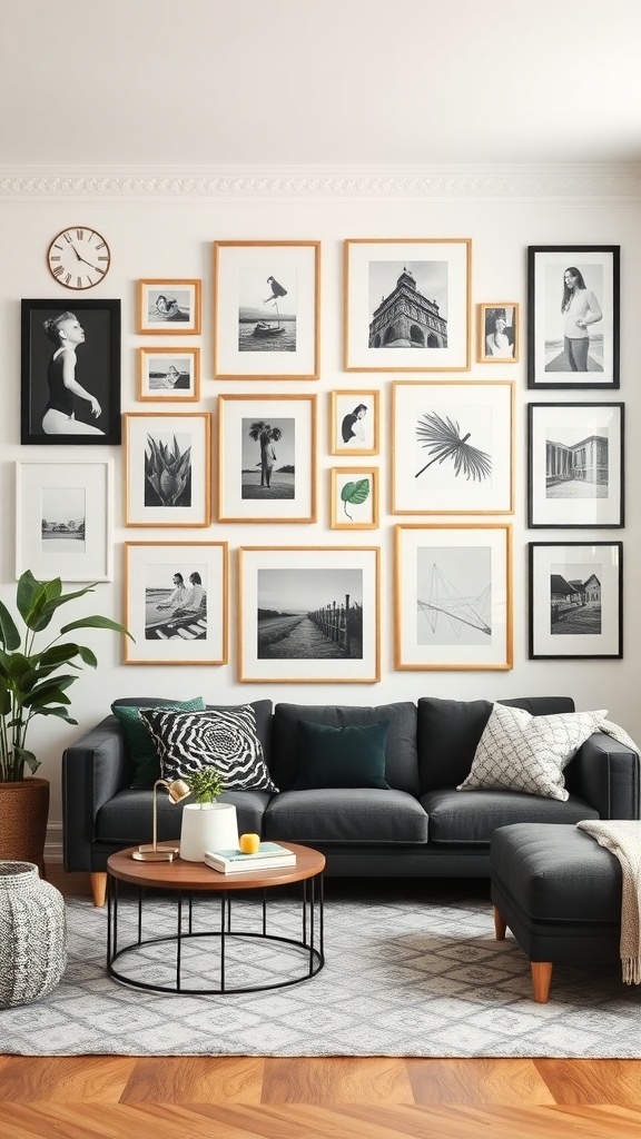 A stylish living room with a gallery wall featuring various black and white framed artworks.