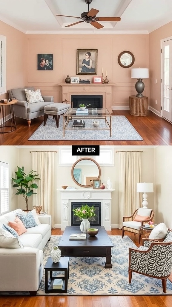 Before and after living room transformation showcasing a budget-friendly makeover with paint and accessories.