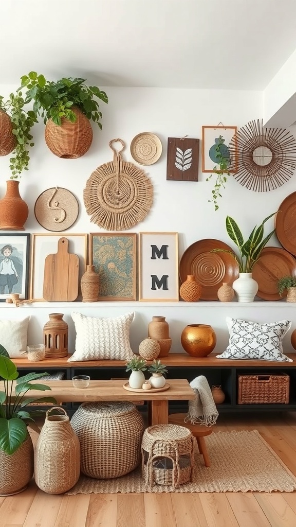 A cozy living room featuring a variety of handmade decor items, including woven baskets, wall art, and plants.