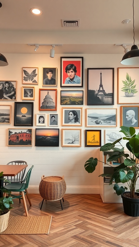 A stylish wall displaying various framed artworks in a cozy home setting.