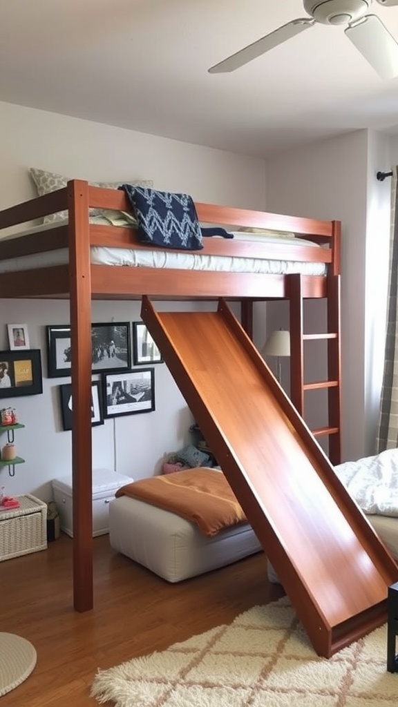 A loft bed with a built-in slide, featuring a cozy sleeping area and a desk underneath.