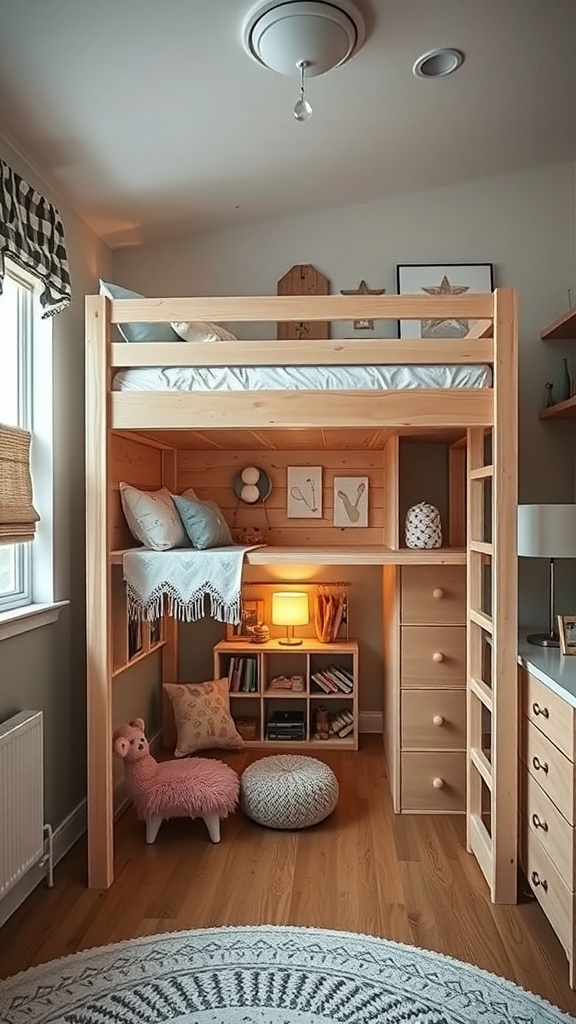 A cozy loft bed with a secret hideaway underneath, featuring shelves, a lamp, and playful decor.