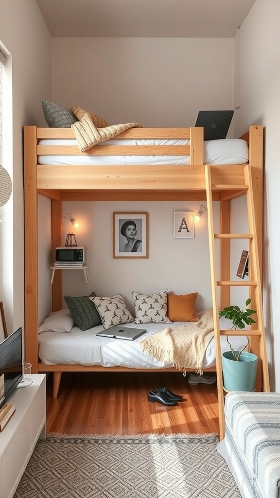 A cozy loft bed setup in a small apartment, featuring a wooden loft bed with a seating area below.