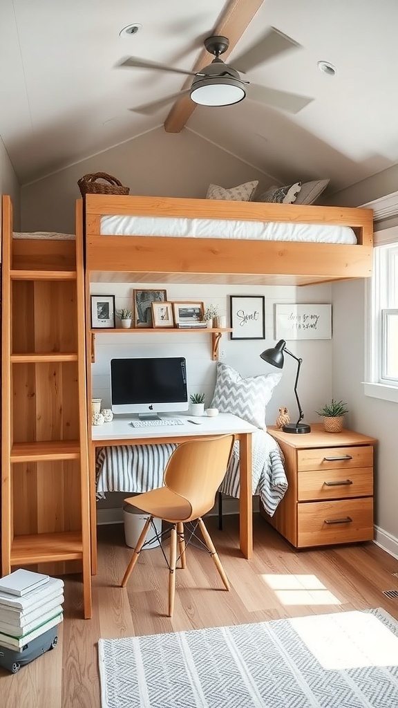 A cozy lofted bed with a workspace underneath, showcasing smart storage solutions in a tiny home.