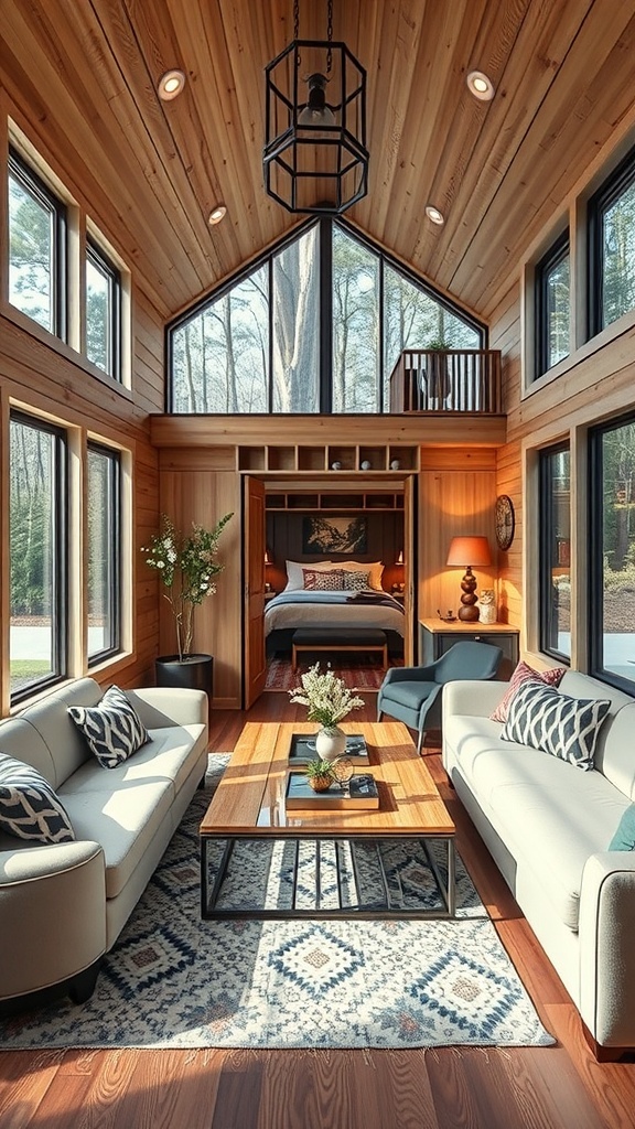 Ein gemütlicher Tiny House Raum mit einem lofted Schlafbereich, Holzverkleidung und großen Fenstern.