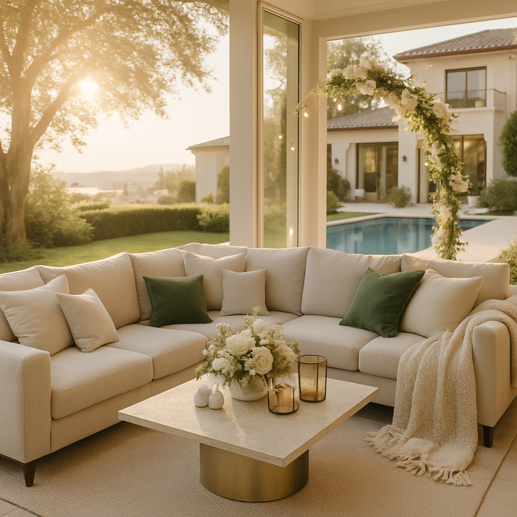 Gemütliche Outdoor-Lounge mit Blick auf den Pool und die Landschaft