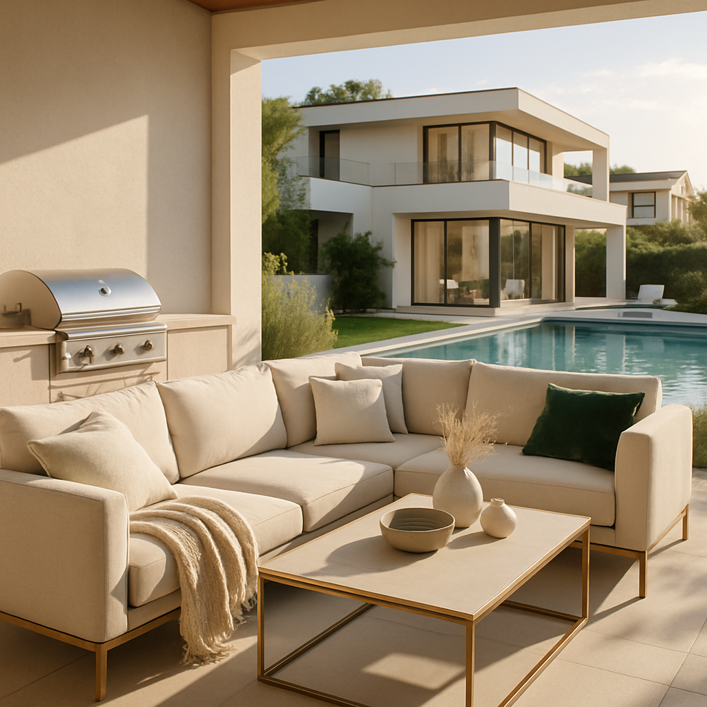 Moderne Outdoor-Lounge mit integriertem Grill und Blick auf den Pool
