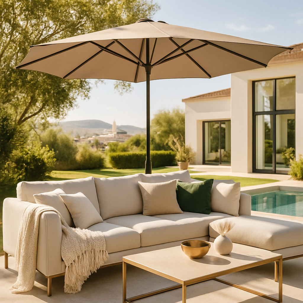 Modernes Lounge-Set mit Sonnenschirm in einem stilvollen Garten