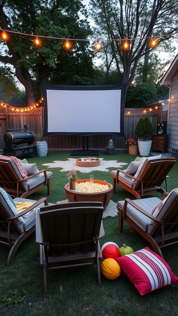 Cozy outdoor cinema setup with lounge chairs and a popcorn bar