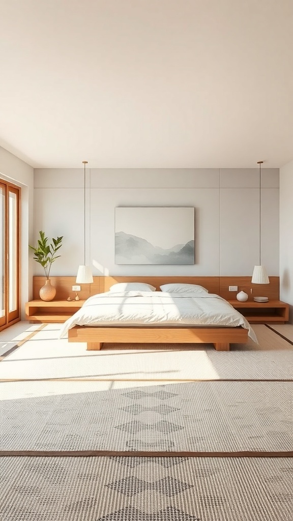 A minimalist Japanese bedroom featuring low-profile furniture, including a wooden bed and side tables, with natural light and a potted plant.
