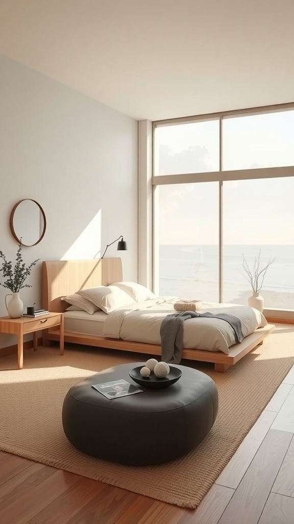 A serene Japandi bedroom featuring low-profile furniture, large windows, and a calming color palette.