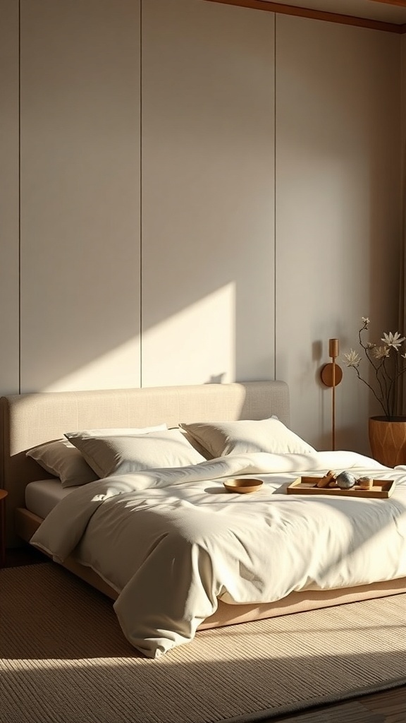 A serene Japandi bedroom featuring low profile bedding in neutral tones, soft pillows, and a cozy duvet.
