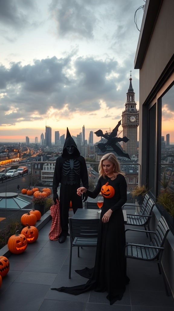 Gruppe von Freunden in Halloween-Kostümen auf einer Terrasse mit Blick auf die Stadt, umgeben von Kürbissen und Lichtern.