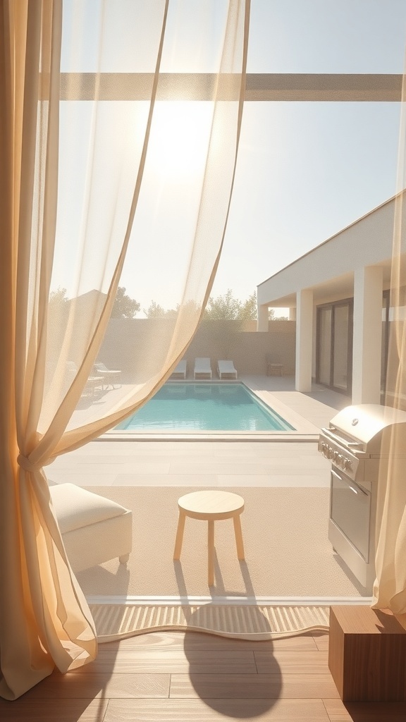 Luftige Vorhänge, die Licht durchlassen, mit Blick auf einen Pool und eine entspannte Atmosphäre.