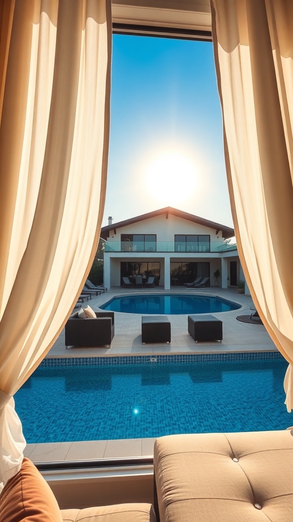 Luftige Vorhänge vor einem Fenster mit Blick auf einen Pool und ein modernes Haus