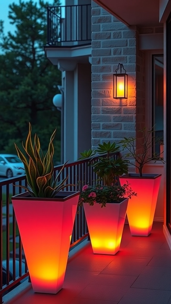 Three luminous planters glowing in warm colors on a balcony
