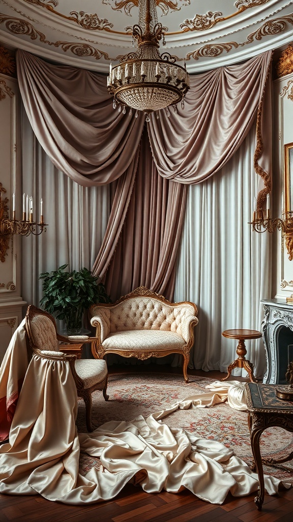 A beautifully decorated Rococo-style bedroom with elegant drapes and vintage furniture.