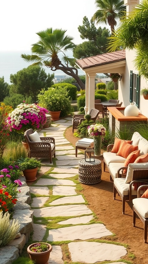 Ein schöner Garten mit einem gepflasterten Weg, umgeben von bunten Blumen und gemütlichen Sitzgelegenheiten.