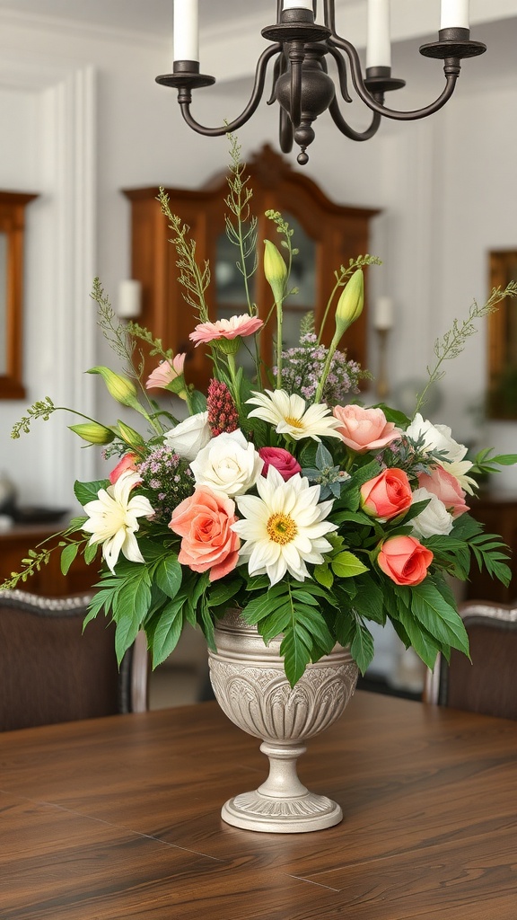A beautiful floral arrangement featuring pink roses, white daisies, and green foliage in a decorative urn on a wooden table.