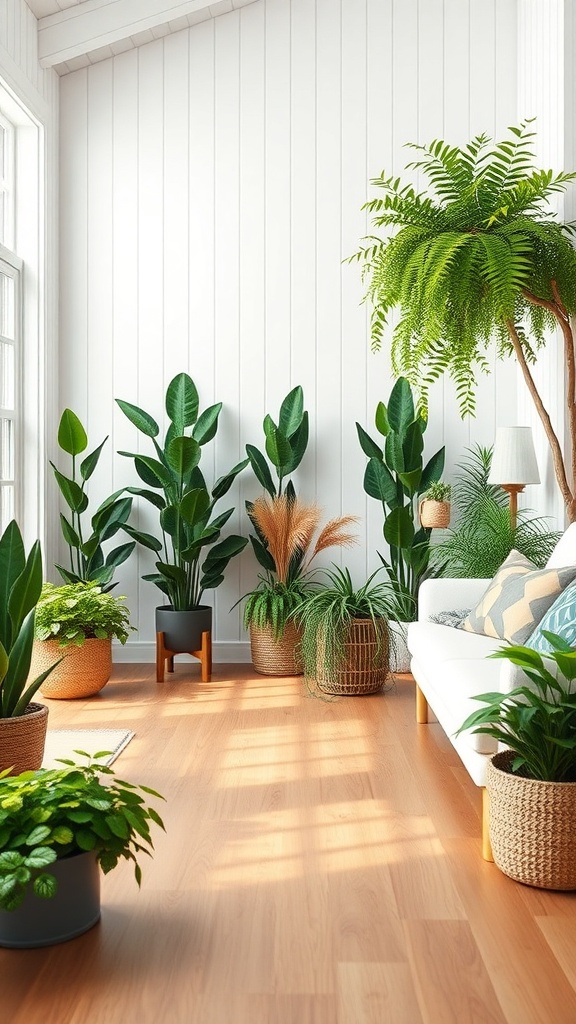 A bright room filled with various indoor plants in decorative pots, showcasing a cozy farmhouse style.