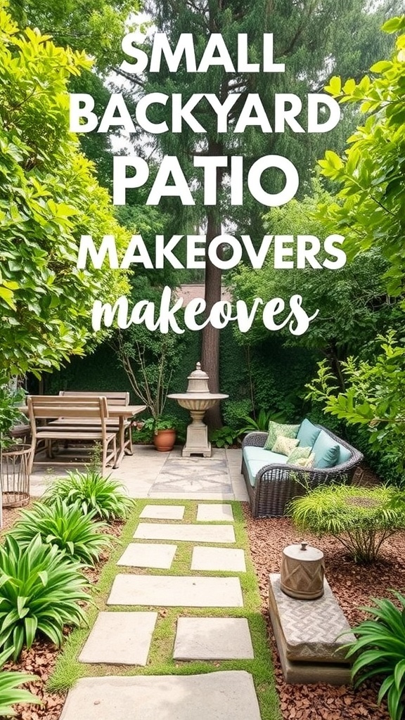 A small backyard patio featuring a stone pathway, lush greenery, and cozy seating.