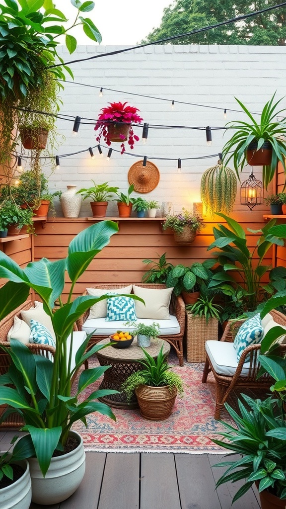 A cozy patio with various potted plants, comfortable seating, and warm lighting.