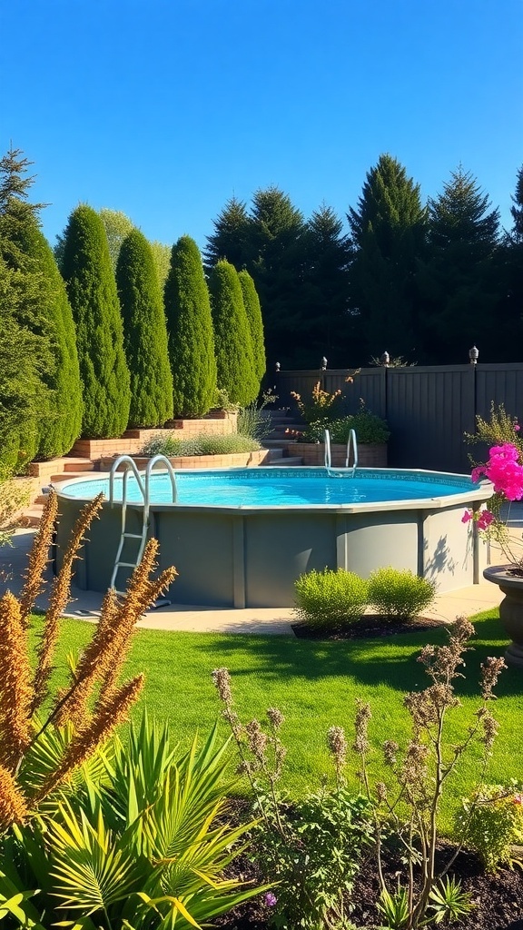 A beautiful backyard featuring a sunken above ground pool surrounded by lush greenery and wooden privacy fencing.