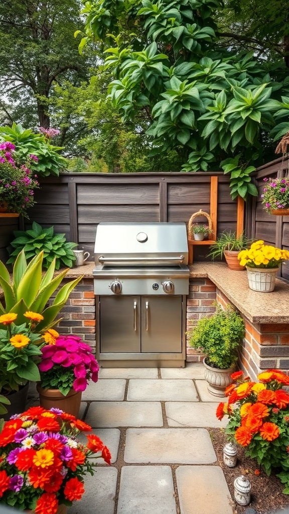 A modern outdoor grill surrounded by colorful flowers and greenery.