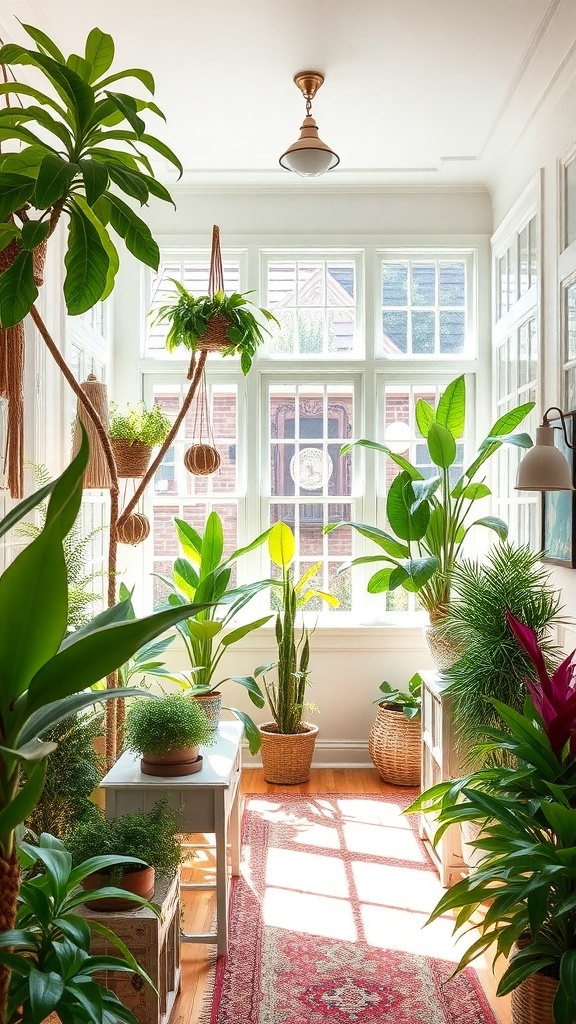 A bright room filled with various indoor plants, showcasing a refreshing and inviting atmosphere.