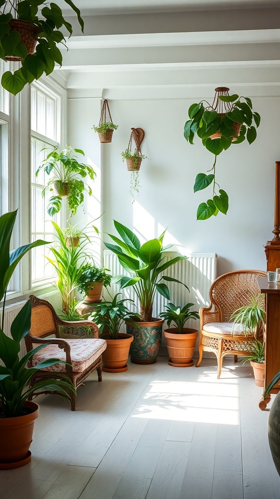 A bright room filled with various indoor plants, including hanging and potted varieties.