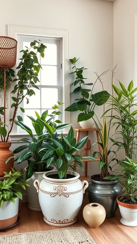 A collection of lush indoor plants in various pots near a window.