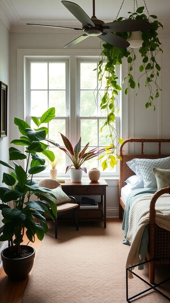 A cozy bedroom featuring lush indoor plants, a rattan bed, and natural light from large windows.