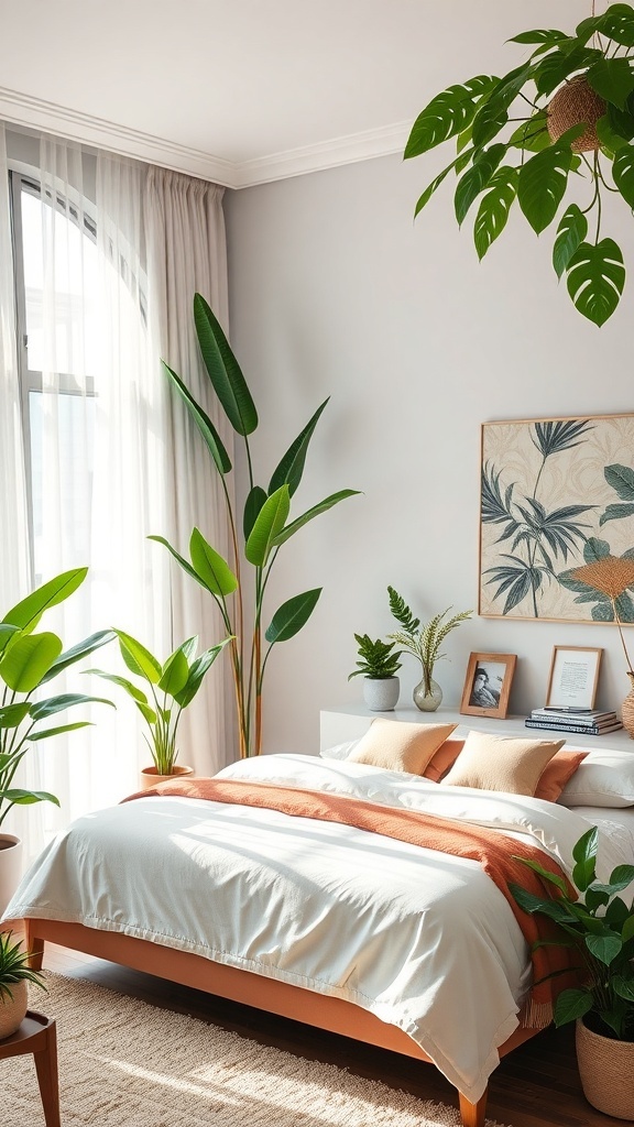 A stylish bedroom featuring lush indoor plants, soft bedding, and natural light.