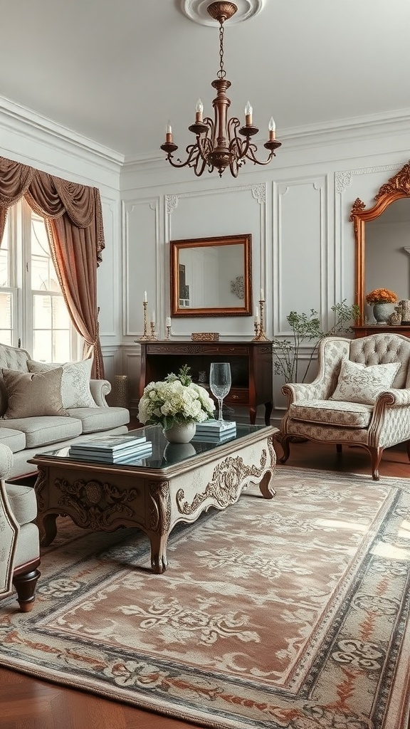 A beautifully decorated living room with a Rococo-inspired rug, elegant furniture, and soft lighting.