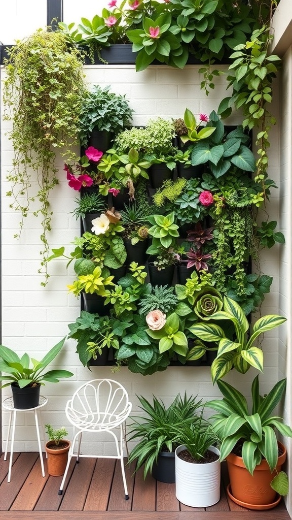 A vertical garden with various plants and flowers mounted on a wall, accompanied by potted plants and a chair.