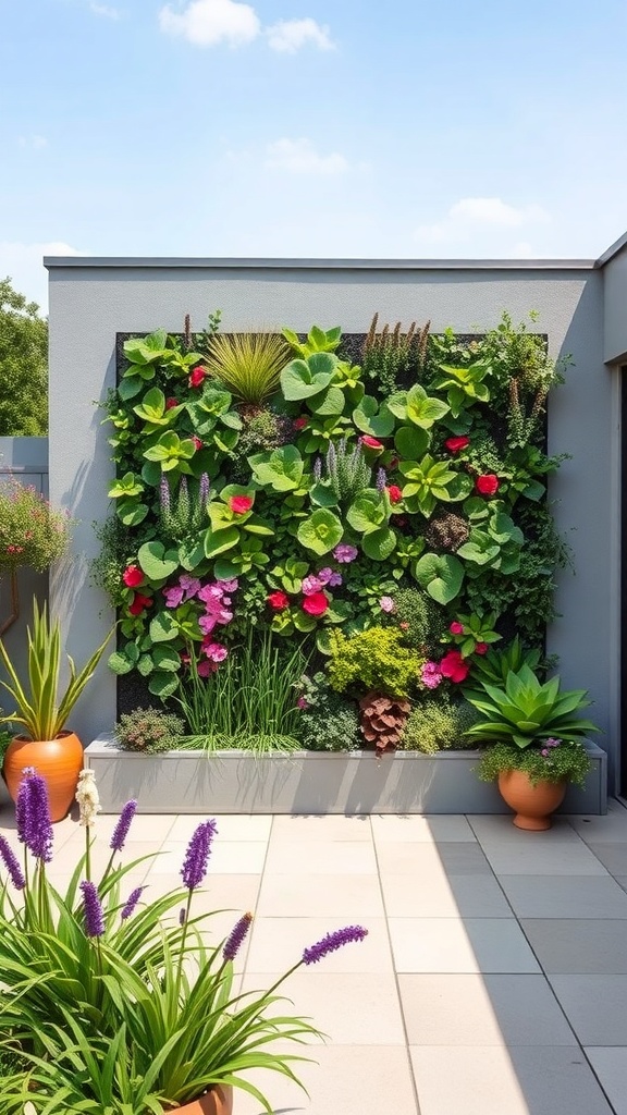 A vibrant vertical garden with various plants and flowers on a wall, surrounded by potted plants.