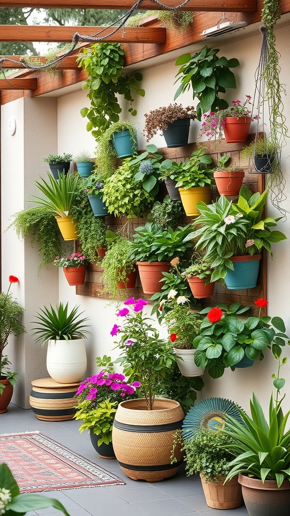A vibrant vertical garden with various plants in colorful pots on a wall.