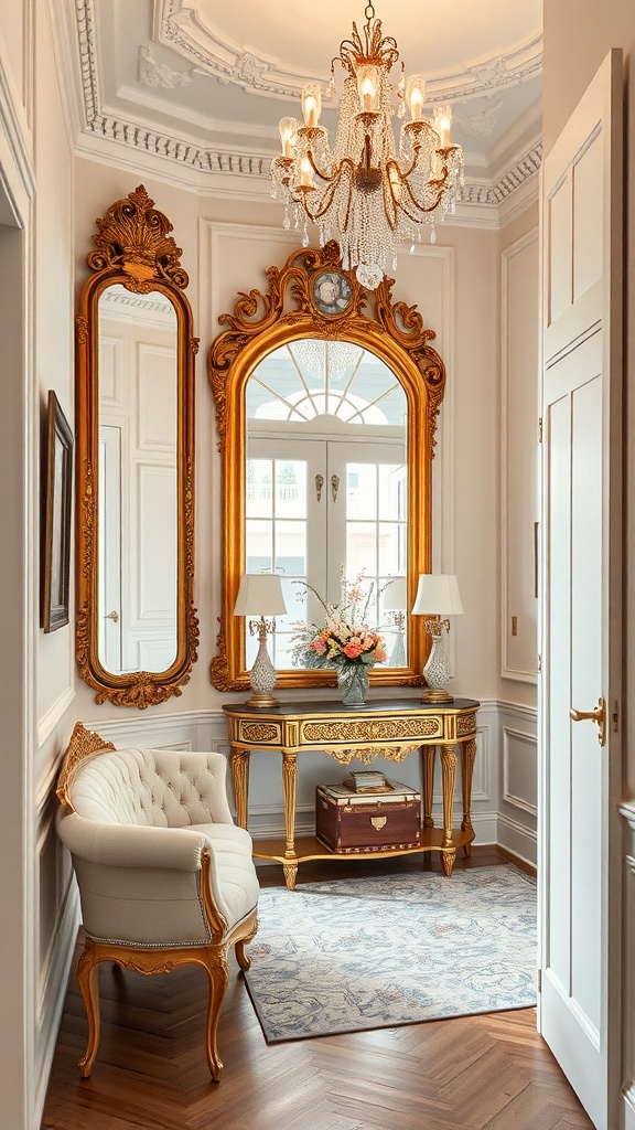 A luxurious entryway featuring antique mirrors, a chandelier, and elegant furniture.