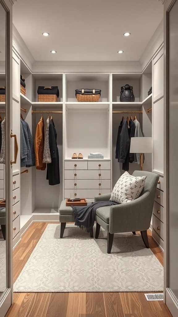 A cozy seating area in a minimalist walk-in closet featuring a green chair, decorative pillow, and organized shelves.
