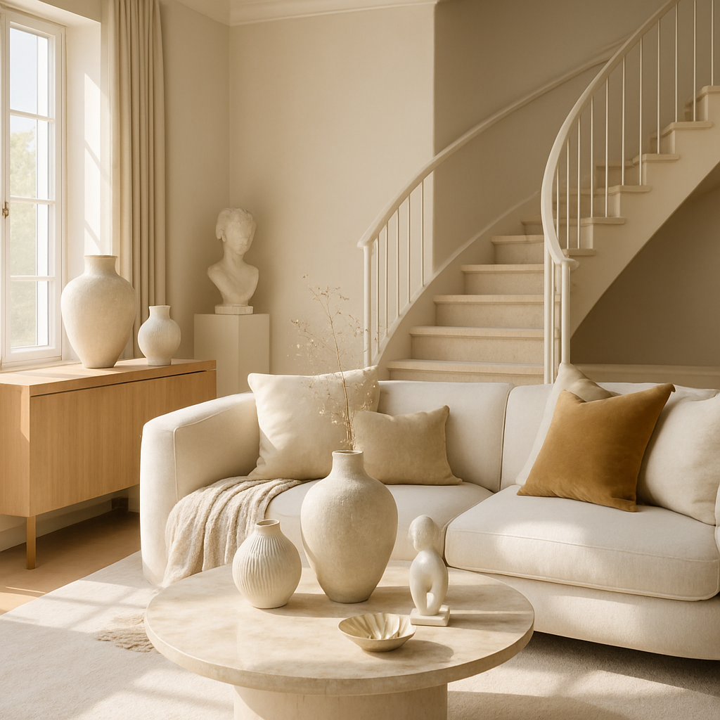 Luxuriöses Wohnzimmer mit neutralen Farben, eleganten Vasen und stilvollen Kissen