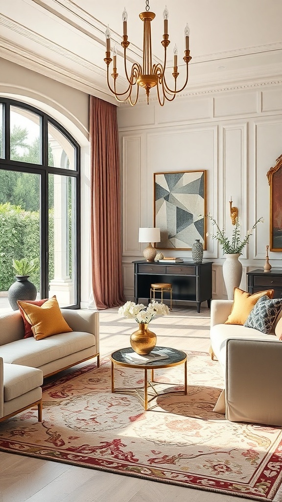 Elegantes Wohnzimmer mit luxuriösen Accessoires, goldener Deckenleuchte und stilvollen Möbeln.