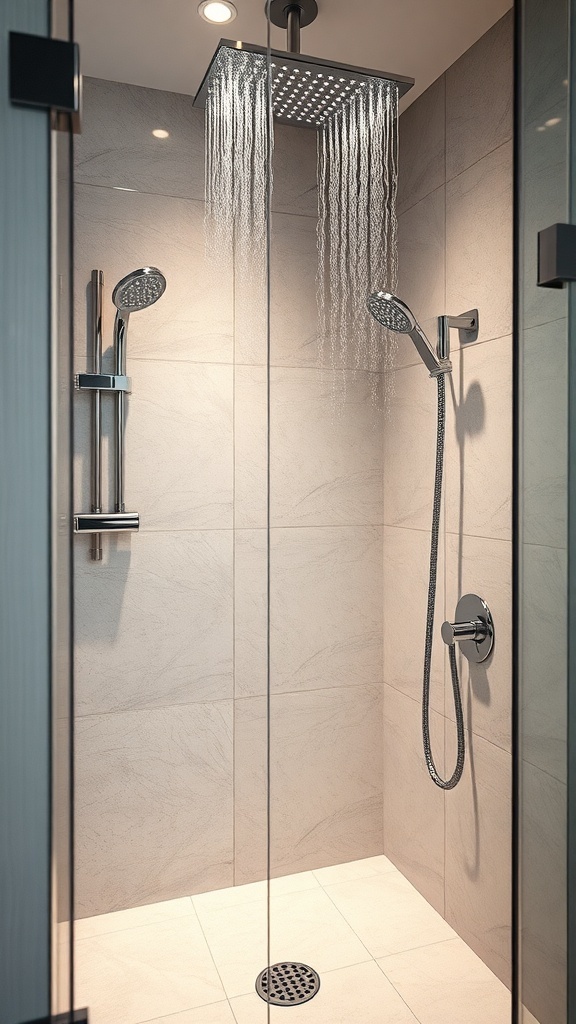 Moderne Dusche mit Regendusche und Handbrause in einem luxuriösen Badezimmer
