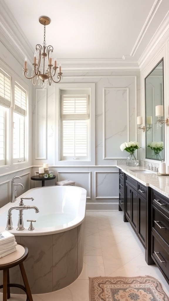 Luxuriöses Badezimmer mit freistehender Badewanne, modernen Armaturen und eleganten Details