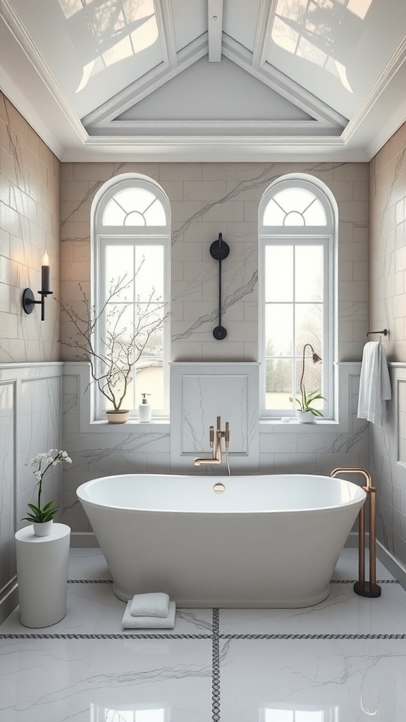 Luxuriöses Badezimmer mit freistehender Badewanne und großen Fenstern
