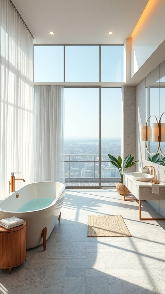 Luxuriöses Badezimmer mit großer Badewanne, großen Fenstern und modernen Akzenten