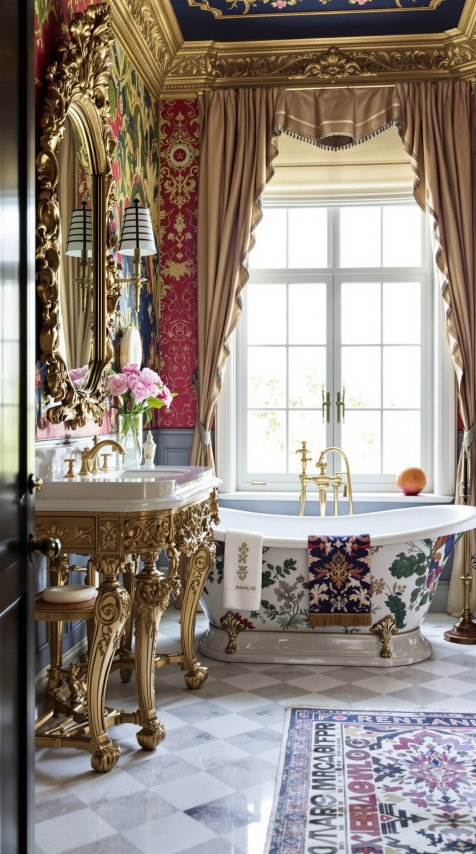 Luxuriöses Badezimmer mit Rococo Revival und Eclectic Maximalism Elementen, freistehende Badewanne, große Fenster, elegante Möbel und goldene Armaturen.