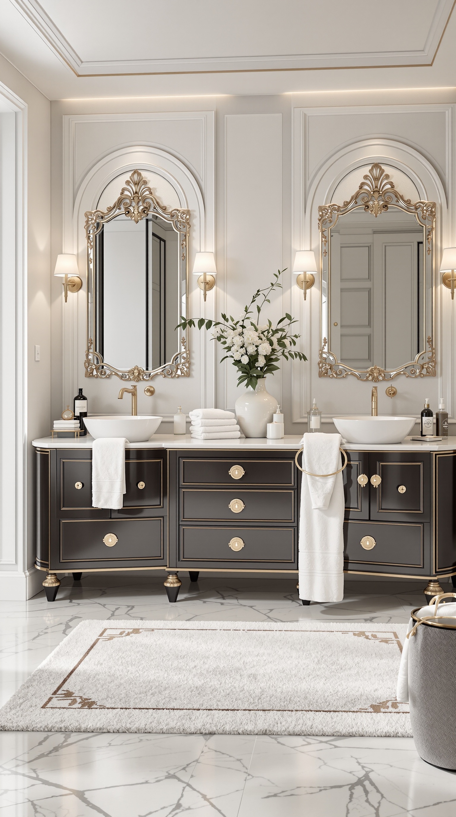 Luxuriöses Badezimmer mit modernen Möbeln und sanften Farben