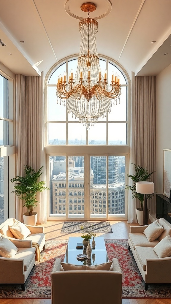 Luxuriöser Kronleuchter in einem modernen Wohnzimmer mit großen Fenstern und eleganter Einrichtung