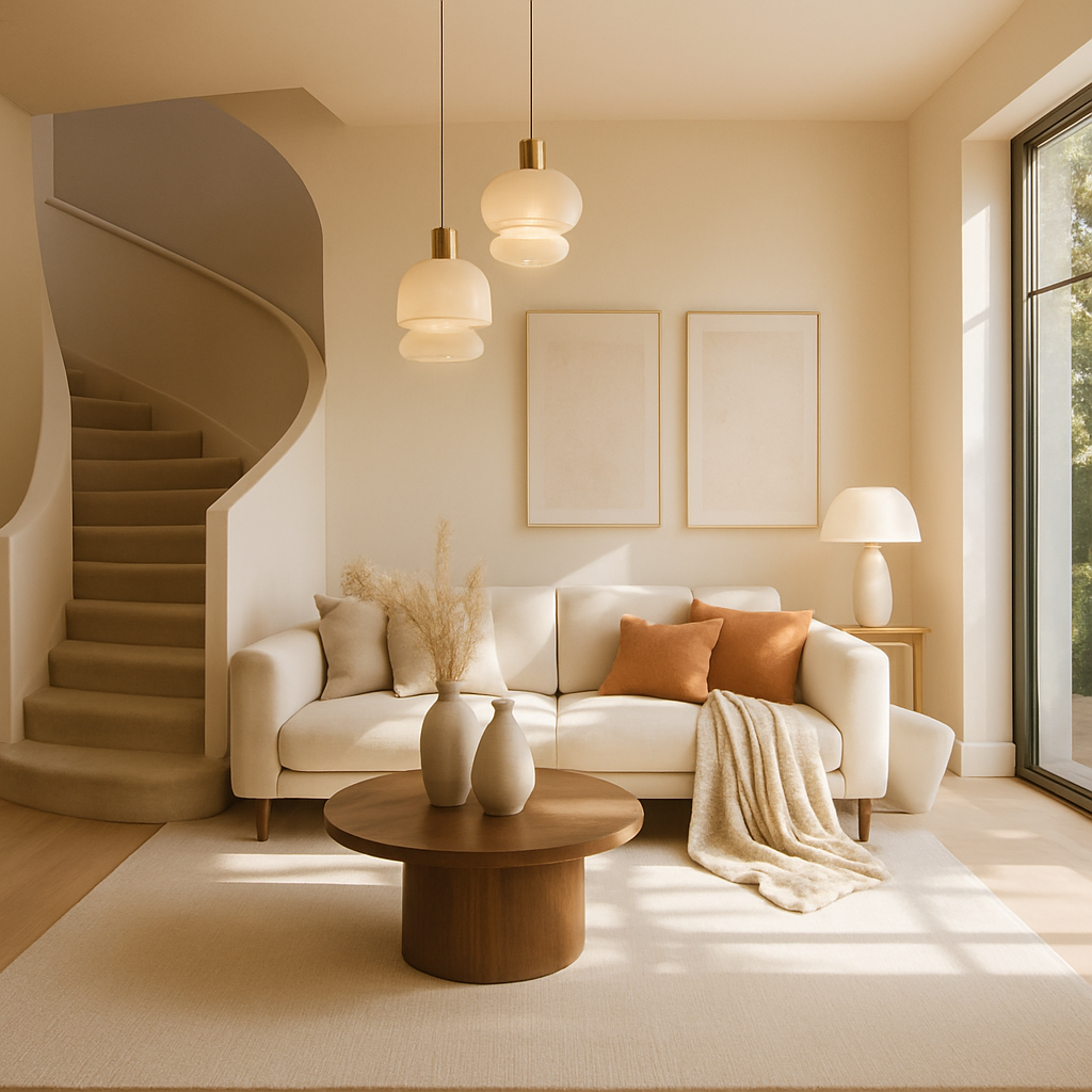Modernes Wohnzimmer mit hängenden Leuchten, neutralen Möbeln und großen Fenstern